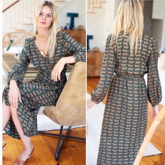 EMERSON FRY Bishop Sleeves Wrap Midi Dress  100% Rayon Dark Green Cheetah M - Picture 1 of 9